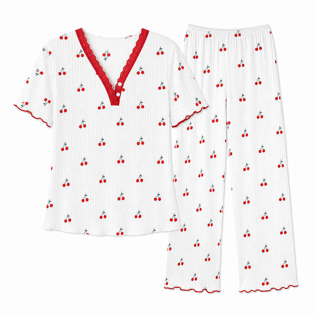 đ Bedrucktes Pyjama-Set fĂŒr Damen, kurzĂ€rmliges Oberteil und lange Hose