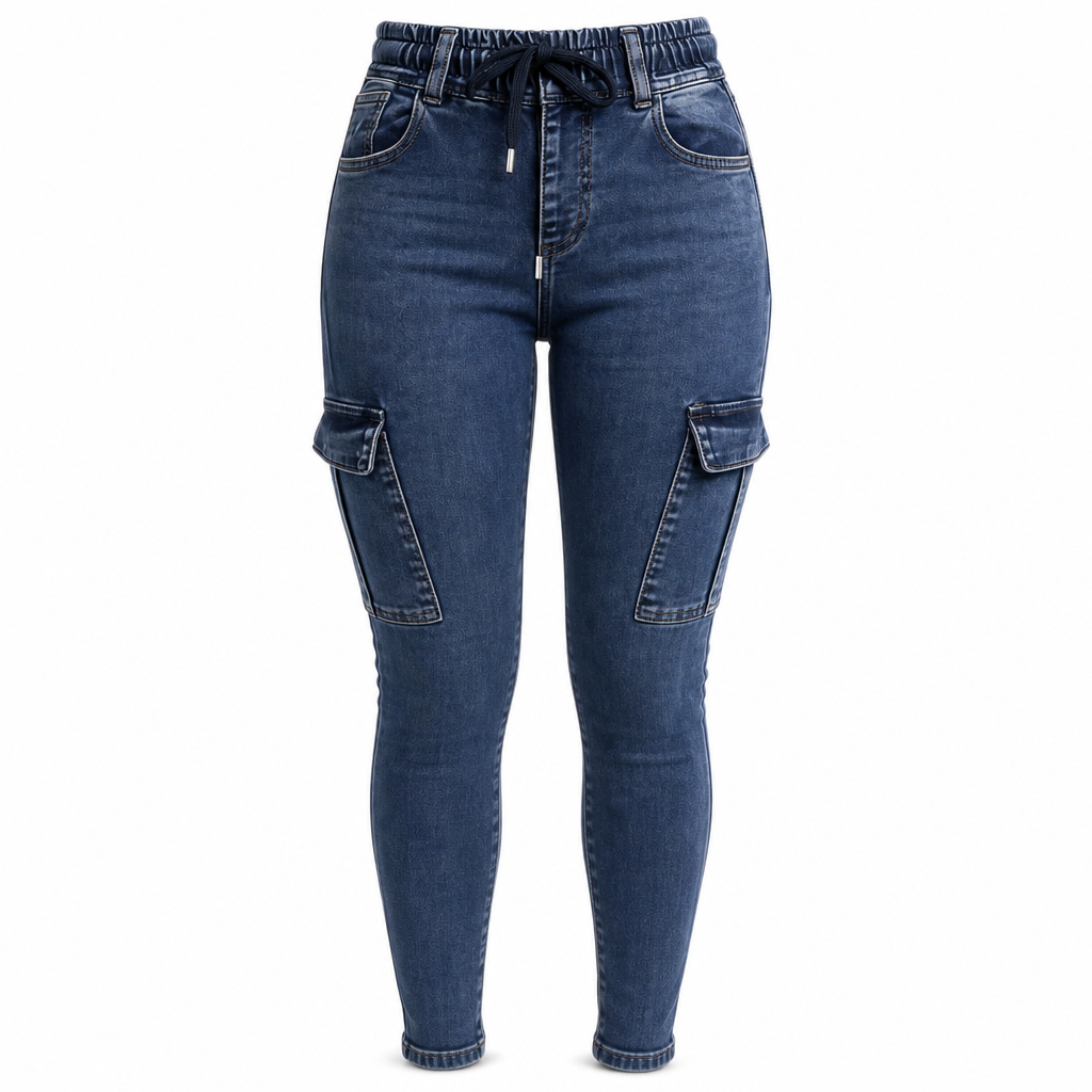 Damen High-Waist elastische Cargo-Jeggings mit Kordelzug, Skinny Jeanshose