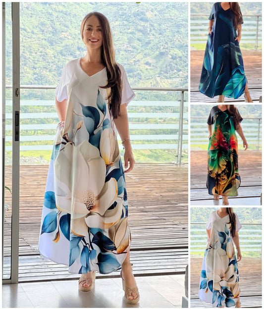 ✨👗Dámské volné ležérní šaty s krátkým rukávem s potiskem do V