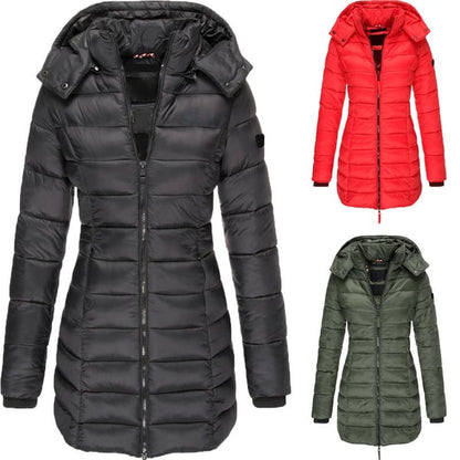 ✨ Mittellange wattierte Winterjacke für Damen – einfarbig & warme Kapuze