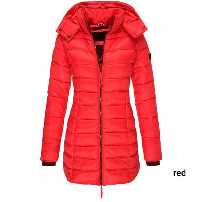 ✨ Mittellange wattierte Winterjacke für Damen – einfarbig & warme Kapuze