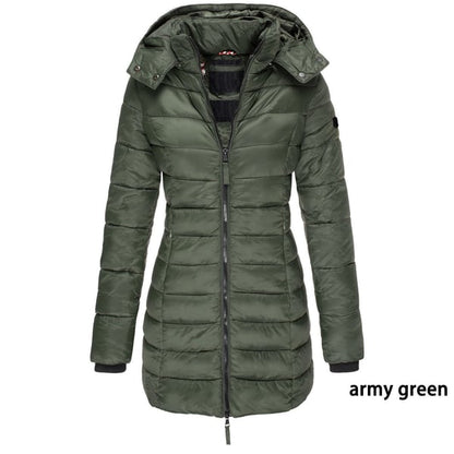 ✨ Mittellange wattierte Winterjacke für Damen – einfarbig & warme Kapuze