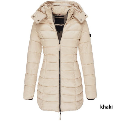 ✨ Mittellange wattierte Winterjacke für Damen – einfarbig & warme Kapuze