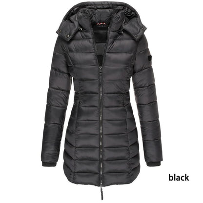 ✨ Mittellange wattierte Winterjacke für Damen – einfarbig & warme Kapuze