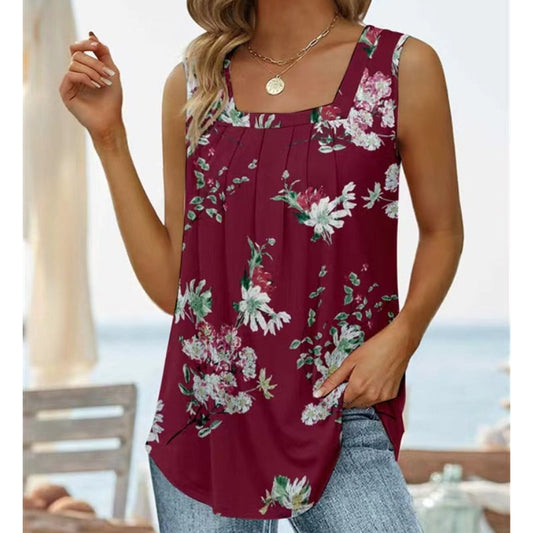 👚 Ženský letní bezrukávový top s čtvercovým výstřihem a potiskem
