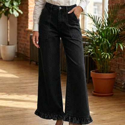 🎉✨Elegante Jeans mit geradem Bein und gerüschtem Saum für Damen