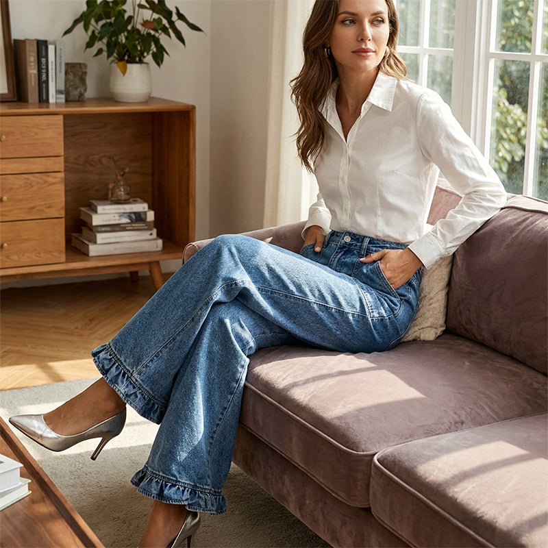 🎉✨Elegante Jeans mit geradem Bein und gerüschtem Saum für Damen