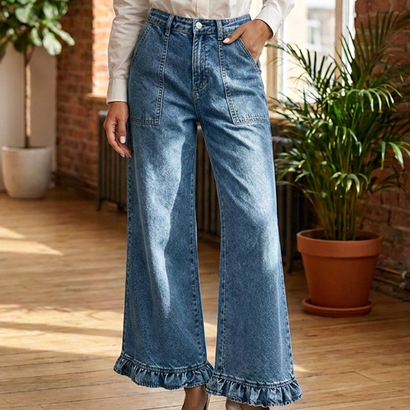 🎉✨Elegante Jeans mit geradem Bein und gerüschtem Saum für Damen