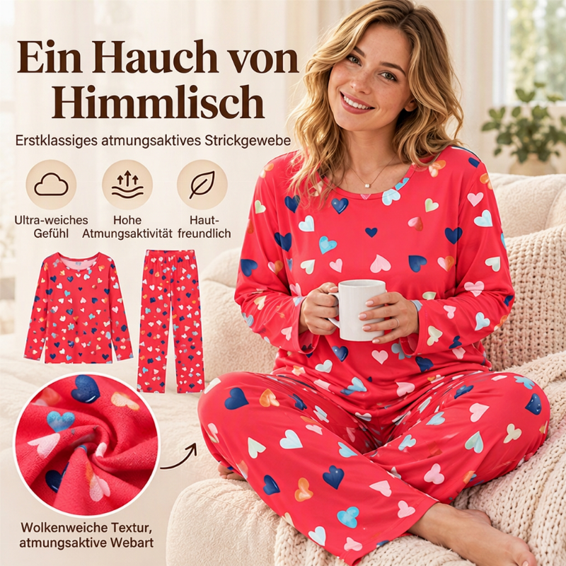 Damen Schlafanzug-Set mit Herzprint und Langarm