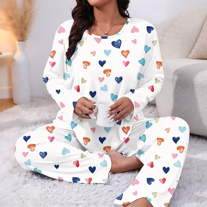 Damen Schlafanzug-Set mit Herzprint und Langarm