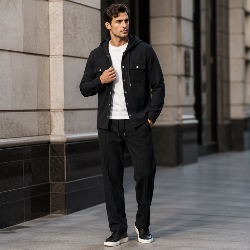 Herren Freizeit Waffelstruktur Kapuzenjacke und Hosen Set