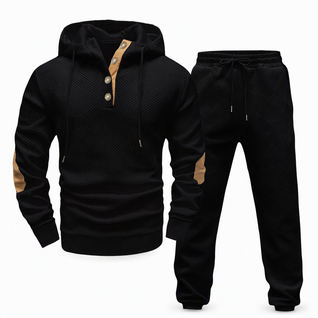 🛍️✨Herren 2-teiliges Jacquard Kapuzenpullover Set Herbst Winter lässiger Kapuzen-Sweatshirt und Sweathose Trainingsanzug