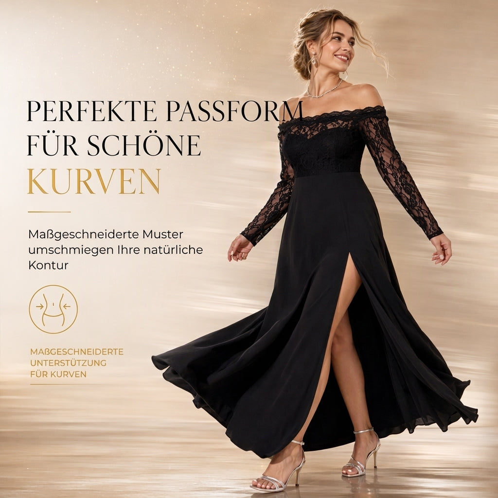 ⏰Countdown läuft! Aktion endet bald!⏰ Damen Übergröße Schulterfreies Spitzen-Langarm-Maxi-Kleid