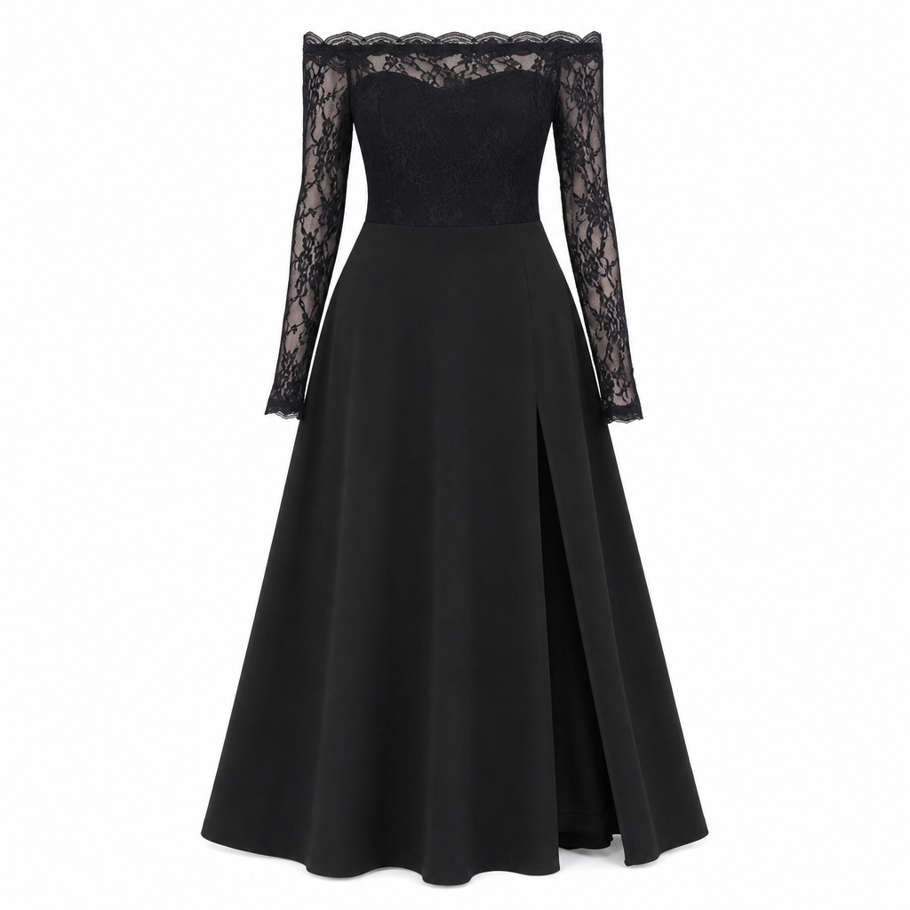 ⏰Countdown läuft! Aktion endet bald!⏰ Damen Übergröße Schulterfreies Spitzen-Langarm-Maxi-Kleid