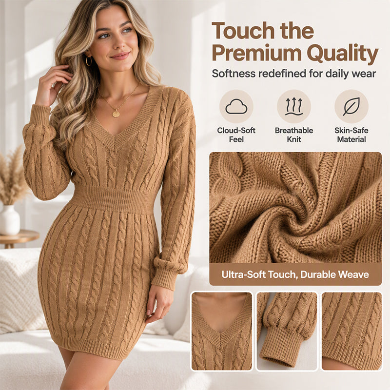 Elegantes Damen-Strickkleid mit Zopfmuster und figurbetontem Schnitt