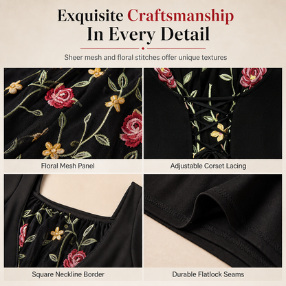 Schwarzes langärmeliges Corset-Maxikleid mit quadratischem Ausschnitt, Schnürung und floral besticktem Netzeinsatz