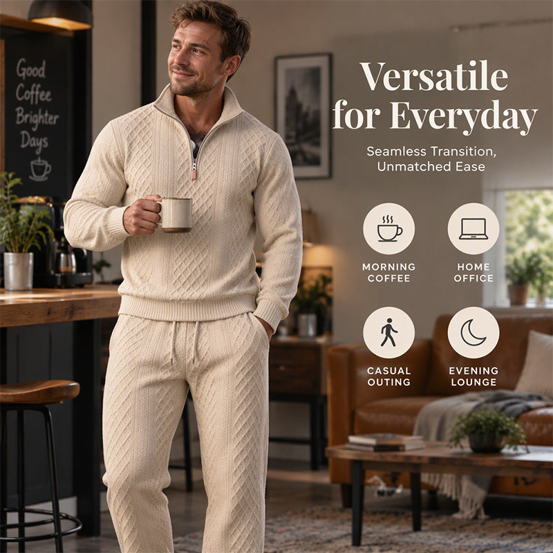 Herren-Kabelstrick-Halbzip-Pullover und Hosen-Set
