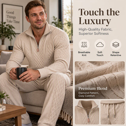 Herren-Kabelstrick-Halbzip-Pullover und Hosen-Set