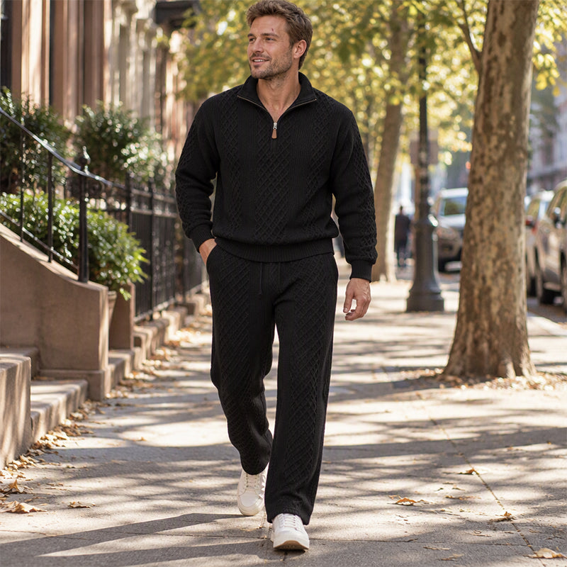 Herren-Kabelstrick-Halbzip-Pullover und Hosen-Set
