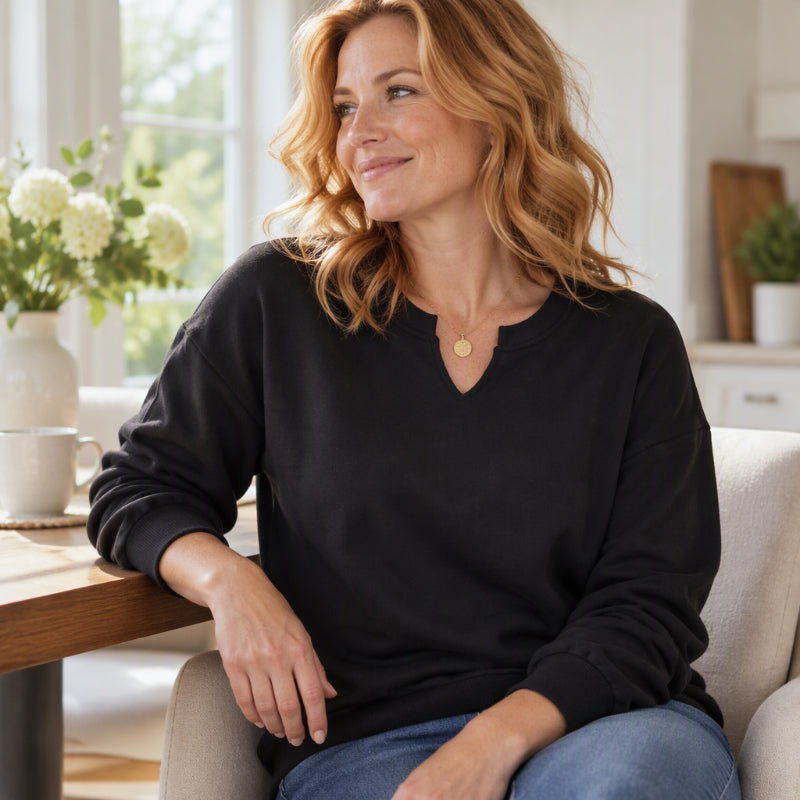 Damen lässiges Sweatshirt mit geteiltem V-Ausschnitt