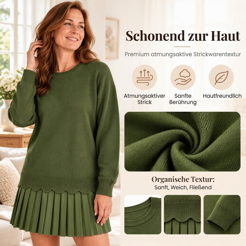 🛍️✨Damen Zweiteiler aus Pullover mit Muschelkante und Plisseerock