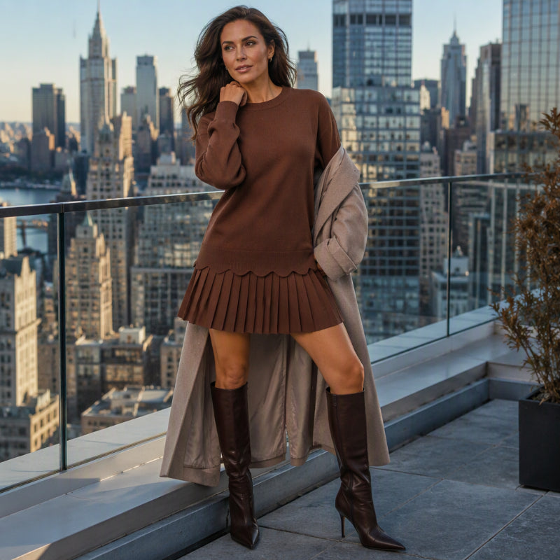 🛍️✨Damen Zweiteiler aus Pullover mit Muschelkante und Plisseerock