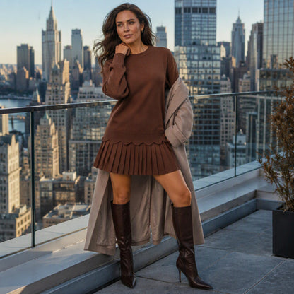 🛍️✨Damen Zweiteiler aus Pullover mit Muschelkante und Plisseerock