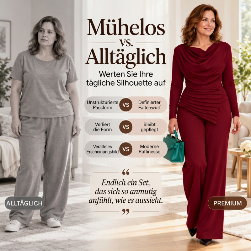 Damen Set aus Oberteil mit Wasserfallausschnitt und weitem Bein