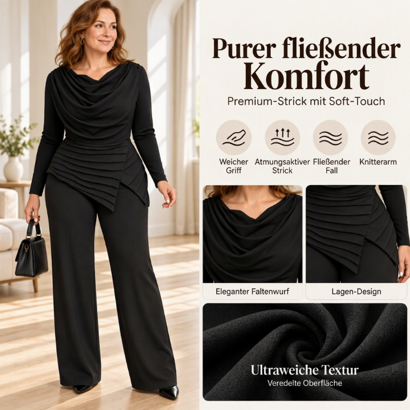 Damen Set aus Oberteil mit Wasserfallausschnitt und weitem Bein