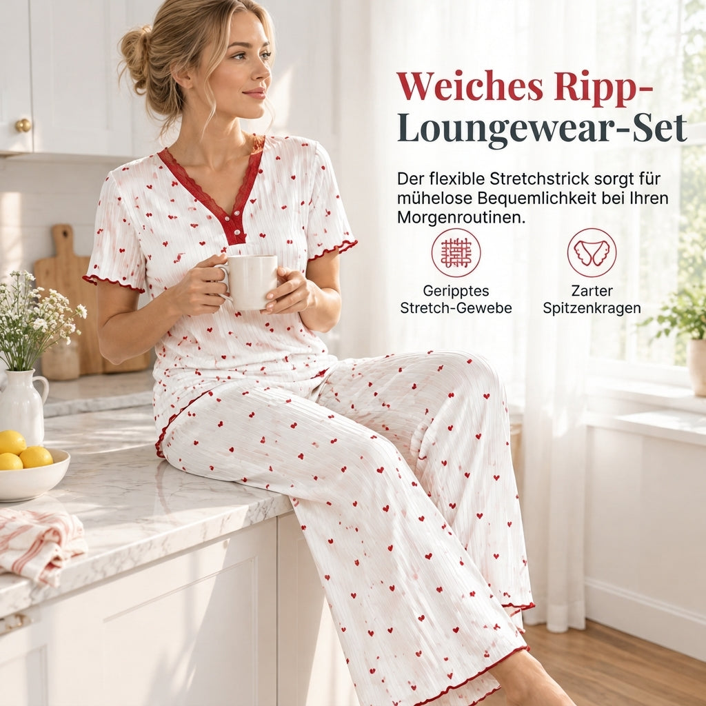 🌟 Bedrucktes Pyjama-Set für Damen, kurzärmliges Oberteil und lange Hose