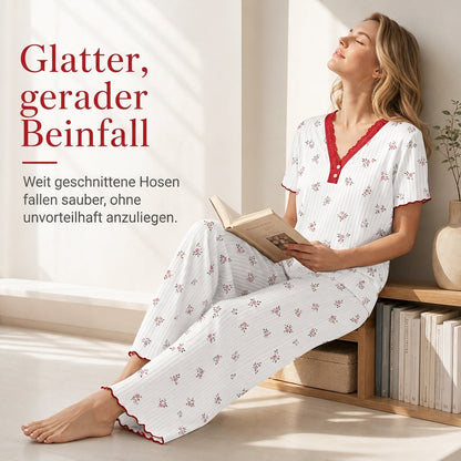 🌟 Bedrucktes Pyjama-Set für Damen, kurzärmliges Oberteil und lange Hose