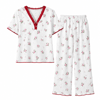 🌟 Bedrucktes Pyjama-Set für Damen, kurzärmliges Oberteil und lange Hose