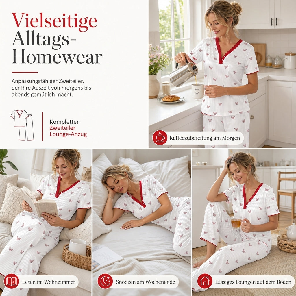 🌟 Bedrucktes Pyjama-Set für Damen, kurzärmliges Oberteil und lange Hose
