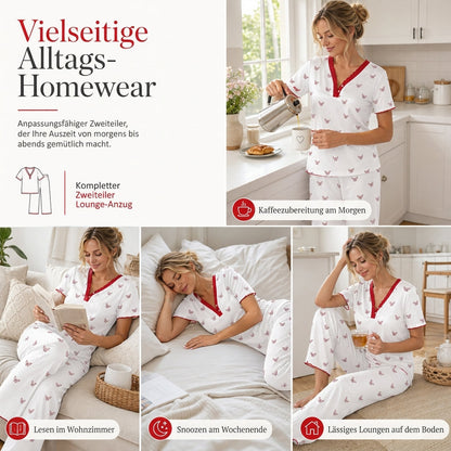 🌟 Bedrucktes Pyjama-Set für Damen, kurzärmliges Oberteil und lange Hose