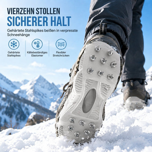 👟  Rutschfeste Schuhstollen, Grödel, Traktionsspitzen und Schuhüberzüge für Gehen im Schnee und Outdoor-Bergsteigen