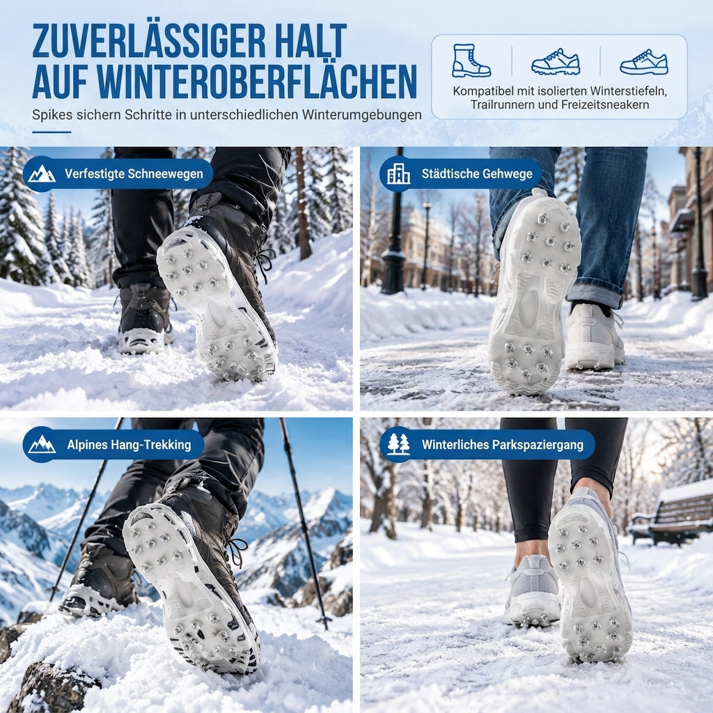 👟  Rutschfeste Schuhstollen, Grödel, Traktionsspitzen und Schuhüberzüge für Gehen im Schnee und Outdoor-Bergsteigen
