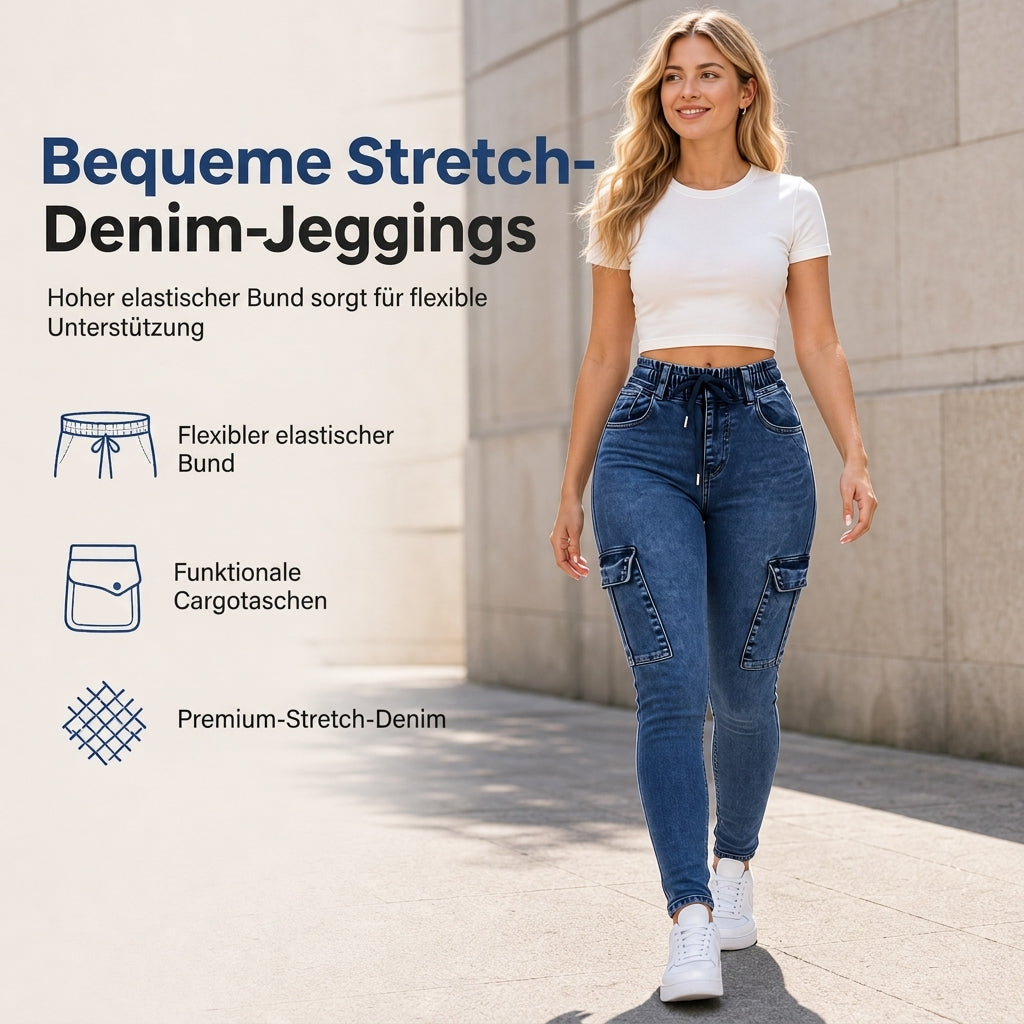 Damen High-Waist elastische Cargo-Jeggings mit Kordelzug, Skinny Jeanshose