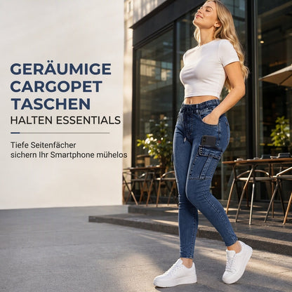Damen High-Waist elastische Cargo-Jeggings mit Kordelzug, Skinny Jeanshose