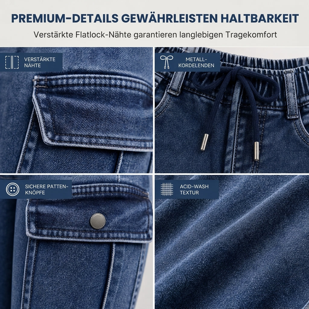 Damen High-Waist elastische Cargo-Jeggings mit Kordelzug, Skinny Jeanshose