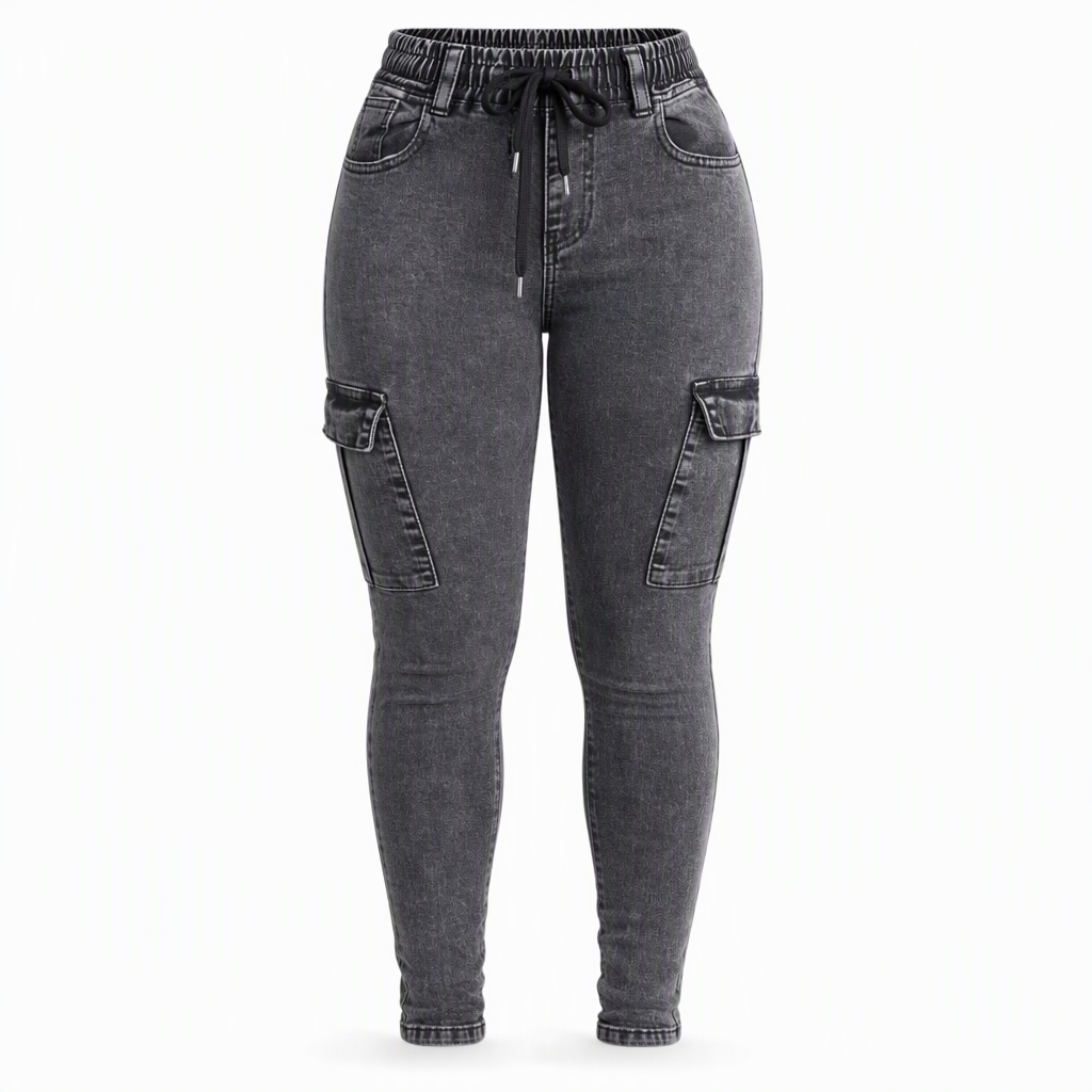 Damen High-Waist elastische Cargo-Jeggings mit Kordelzug, Skinny Jeanshose