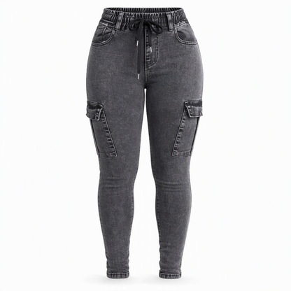 Damen High-Waist elastische Cargo-Jeggings mit Kordelzug, Skinny Jeanshose