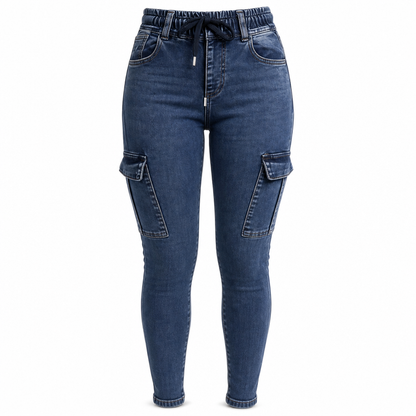 Damen High-Waist elastische Cargo-Jeggings mit Kordelzug, Skinny Jeanshose