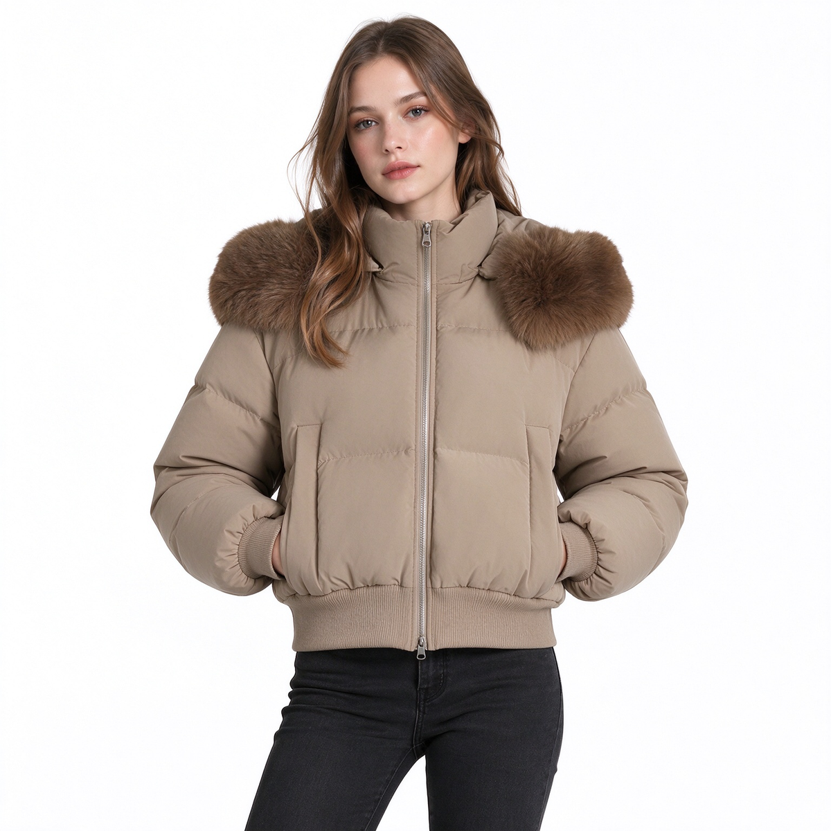 🥳 Kurze gepolsterte Winterkapuzenjacke für Damen mit Pelzkragen