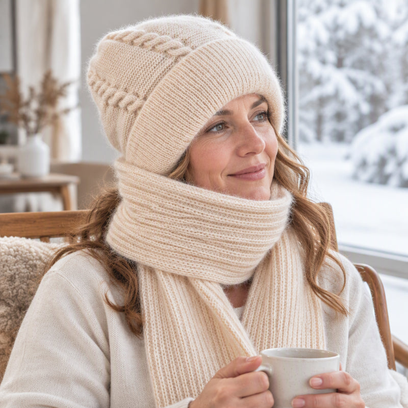 🔥Cleveres All-in-One-Set aus Strickmütze und Schal 🤍❄️ Weicher Zopfstrick, hält Kopf und Hals schön warm, ohne auftragende Schichten🧣