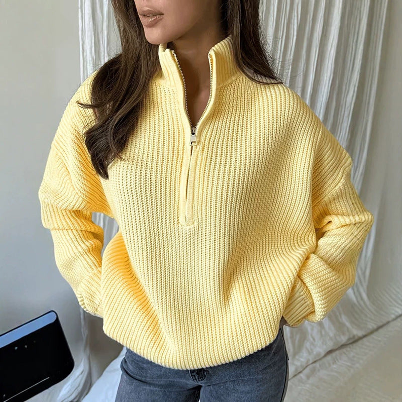 ✨Damen Stehkragen Halb-Reißverschluss Strickpullover