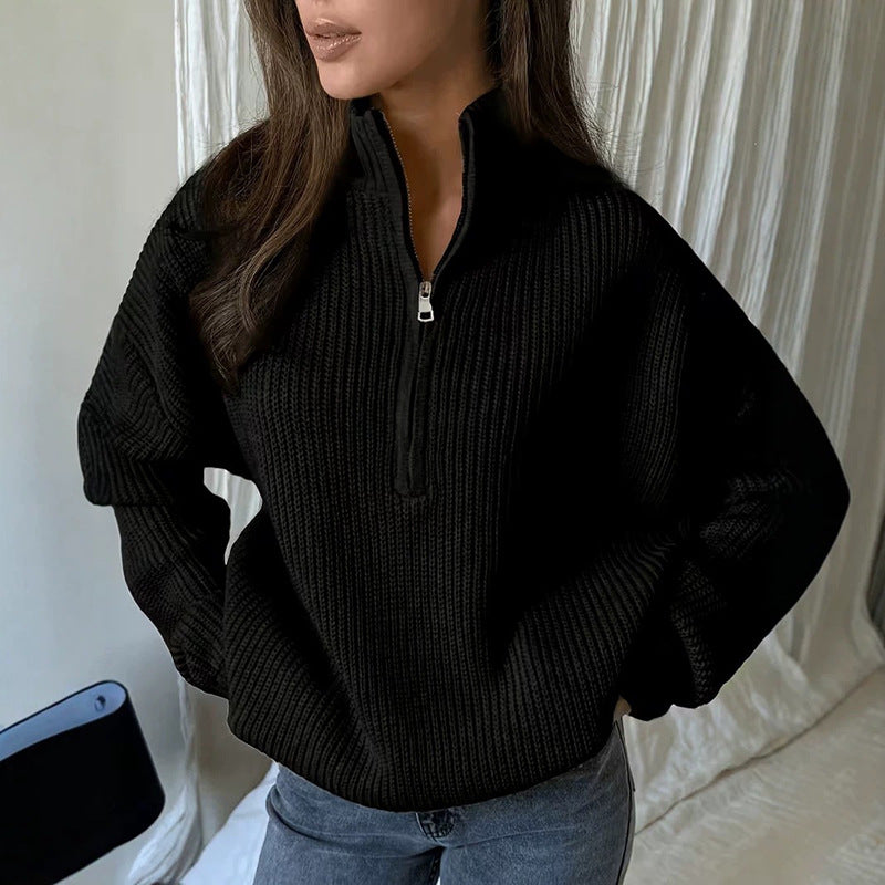 ✨Damen Stehkragen Halb-Reißverschluss Strickpullover
